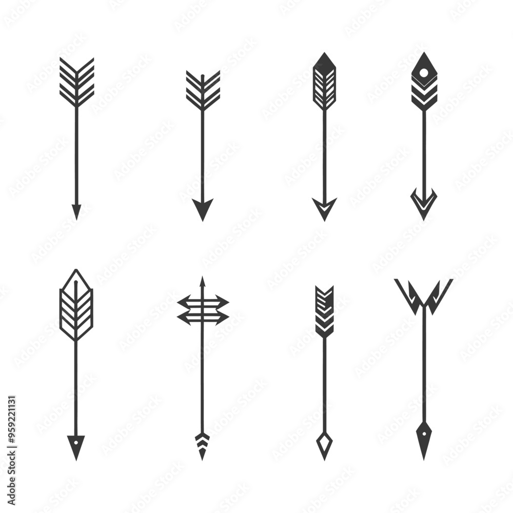 Set of Eight Black Arrow Icons with Geometric Designs Set of Eight Black Arrow Icons with Geometric Designs