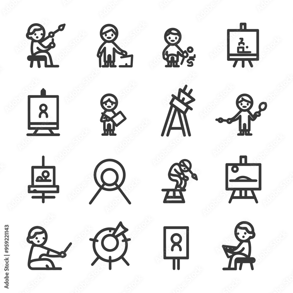 Set of Line Icons Depicting People Engaged in Art and Design Activities Set of Line Icons Depicting People Engaged in Art and Design Activities