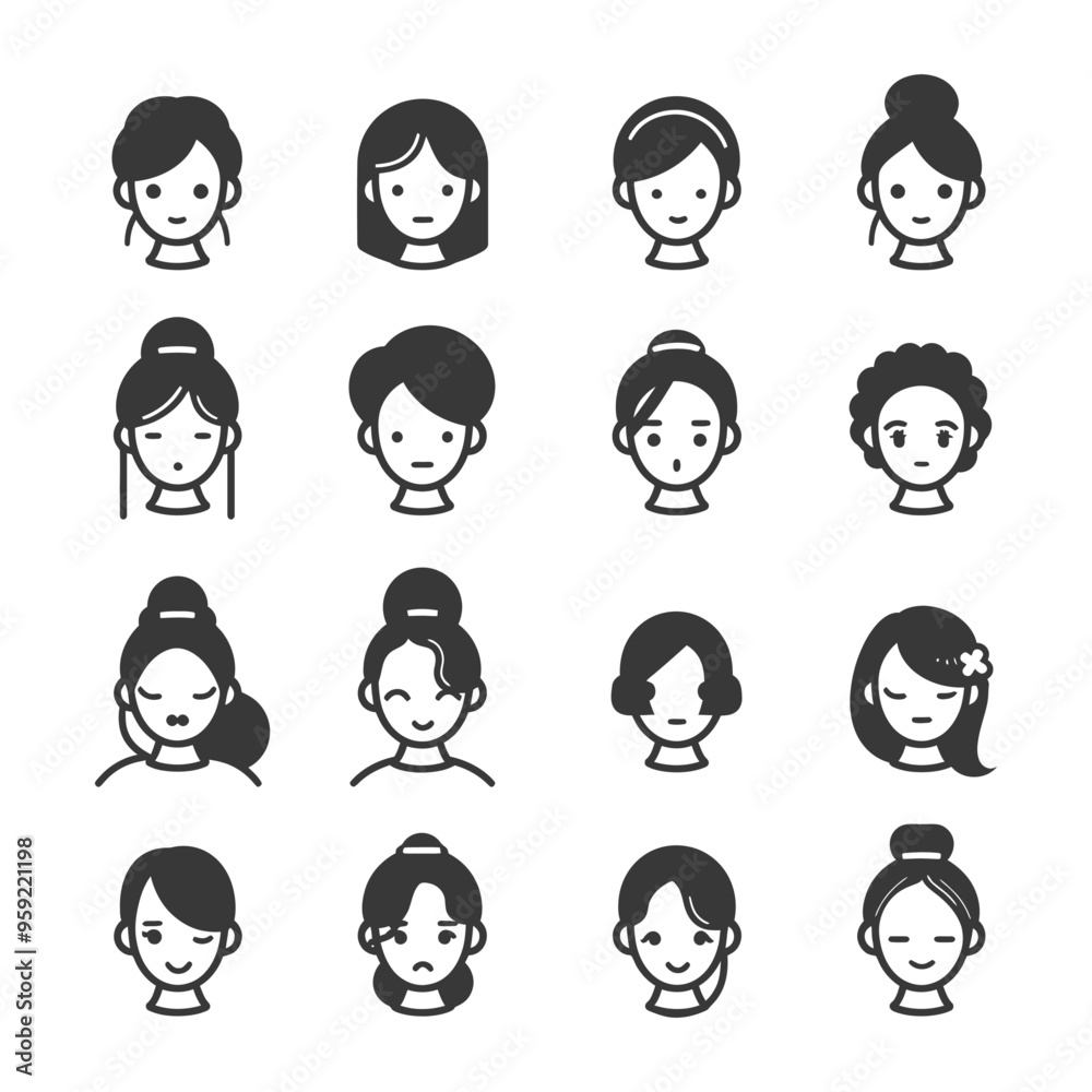 Sixteen Black and White Icons of Womens Faces with Different Hairstyles Sixteen Black and White Icons of Womens Faces with Different Hairstyles