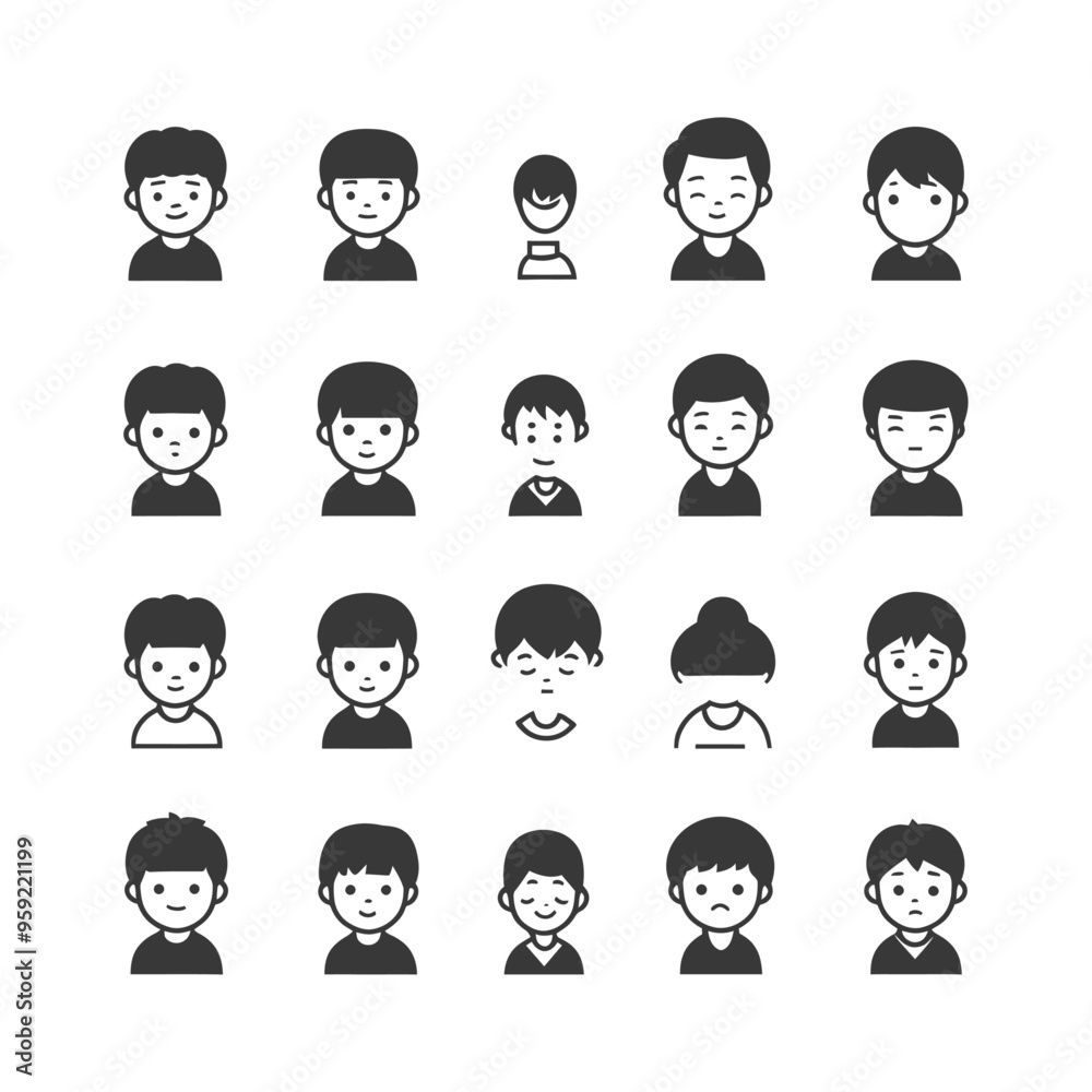 Collection of 20 Simple Boy Avatar Icons with Different Hairstyles and Expressions Collection of 20 Simple Boy Avatar Icons with Different Hairstyles and Expressions