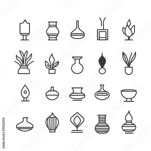A Collection of Line Drawings Depicting Various Vases and Plants