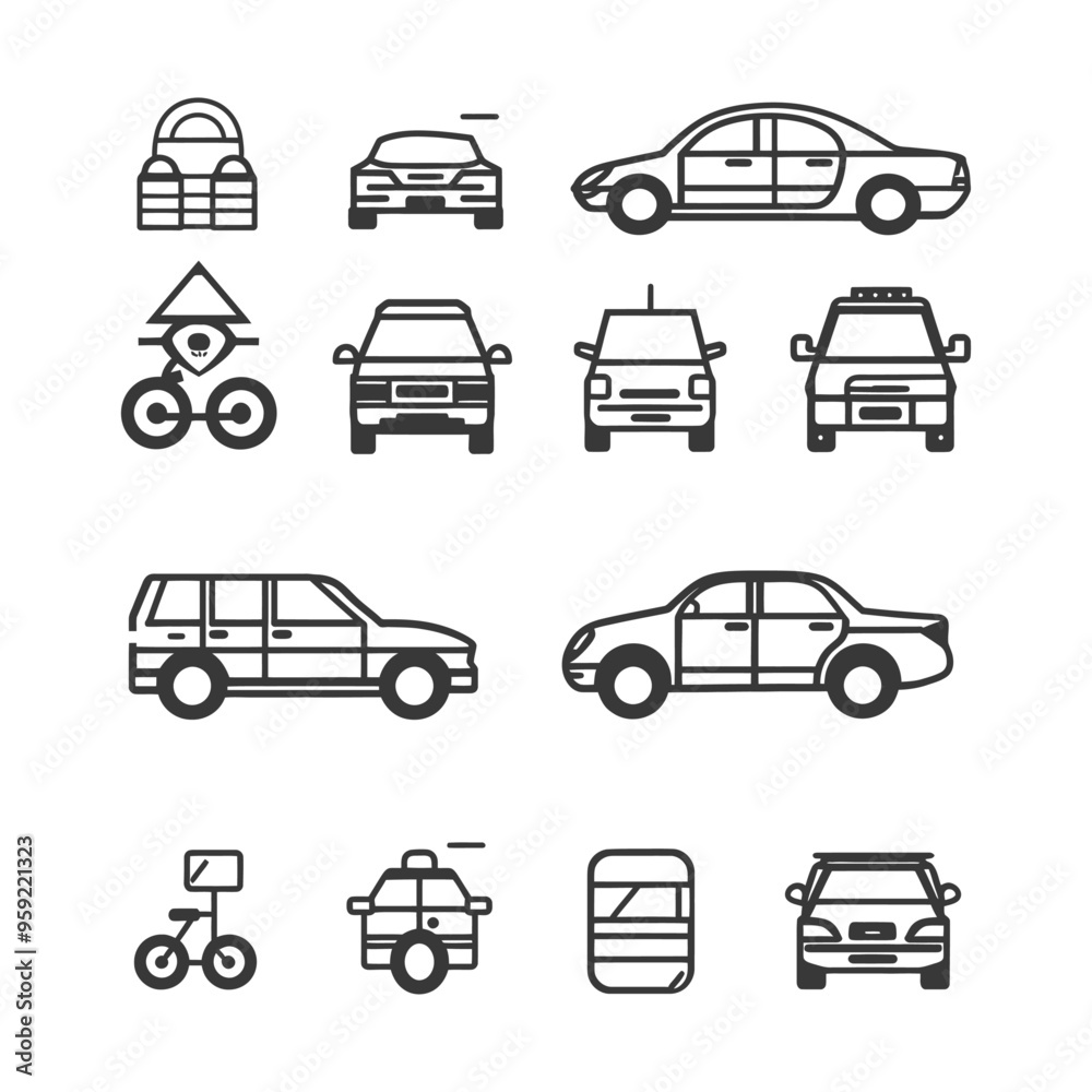 Line Drawings of Various Vehicles and a Bicycle Line Drawings of Various Vehicles and a Bicycle