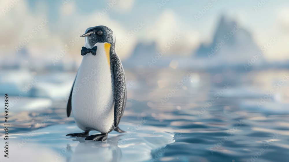 Fototapeta premium A charming penguin in a tuxedo standing on an iceberg with a serene icy landscape in the background, perfect for nature themes.