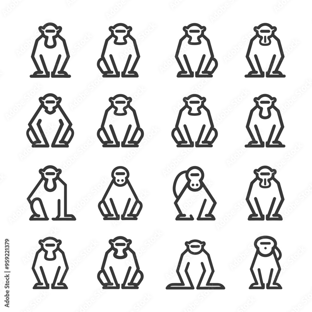 Sixteen Line Drawings of Sitting Monkeys in Various Poses Sixteen Line Drawings of Sitting Monkeys in Various Poses