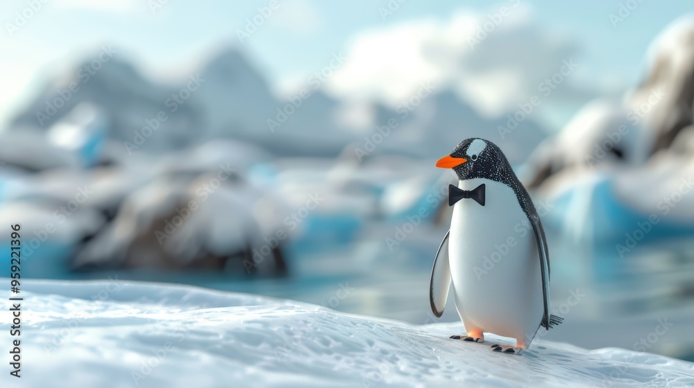 Obraz premium A cheerful penguin in a tuxedo stands on icy terrain, surrounded by sparkling blue waters and snowy mountains in the background.