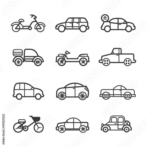 Set of Line Icons of Various Vehicles for Transportation