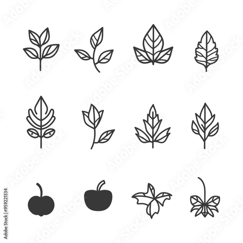 Wallpaper Mural Set of Line Art Leaf and Fruit Icons Torontodigital.ca