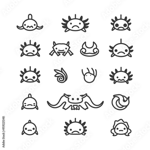 Set of cute axolotl icons in different styles