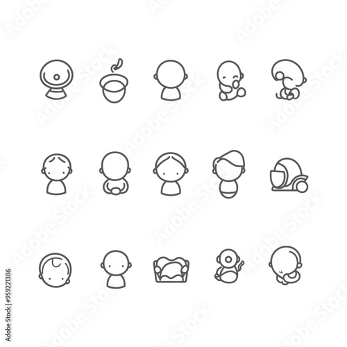 Set of 12 Baby Icon Illustration Line Style