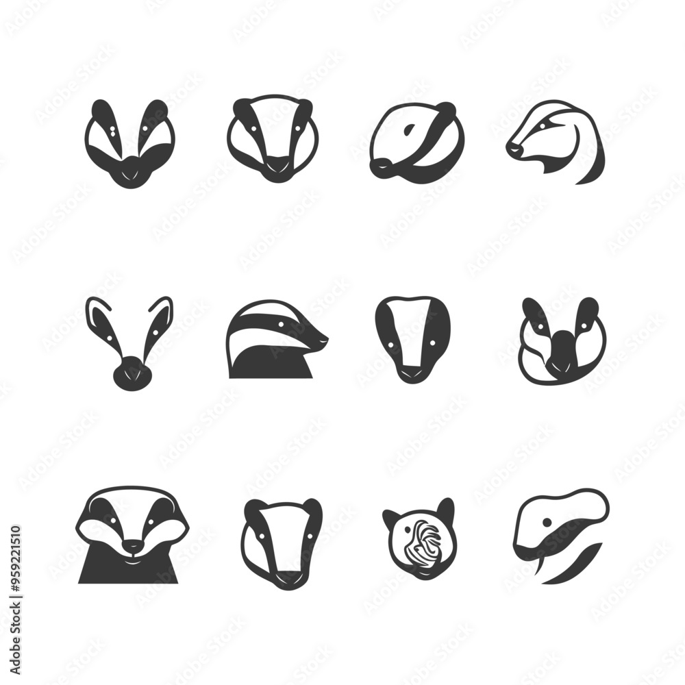 Collection of Badger Head Silhouettes in Various Poses Collection of Badger Head Silhouettes in Various Poses