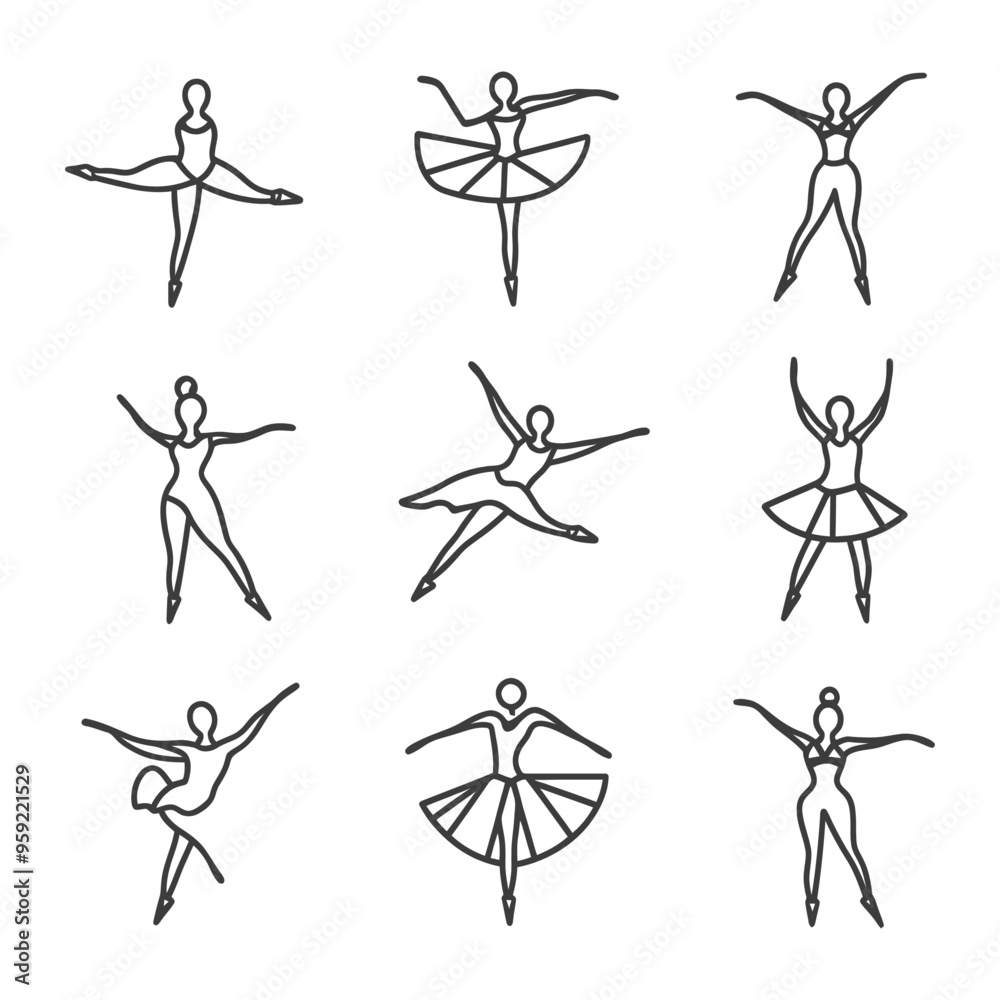 Nine Line Drawings of Ballerinas in Various Poses Nine Line Drawings of Ballerinas in Various Poses