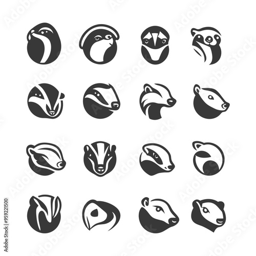 Collection of Badger Animal Head Silhouettes in Circular Frames