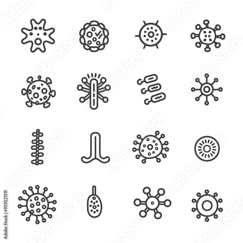 Set of 16 Line Icons Illustrating Different Types of Viruses and Bacteria