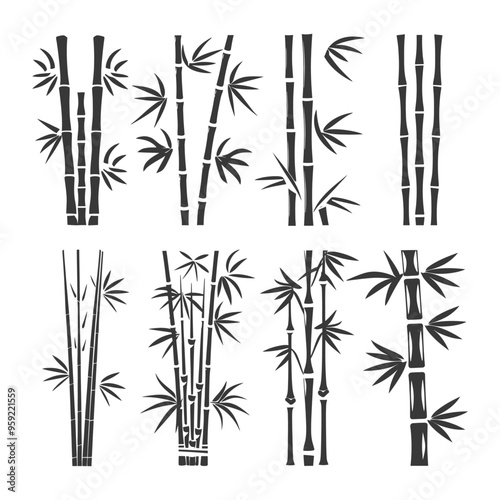 Six Black and White Silhouettes of Bamboo Plants