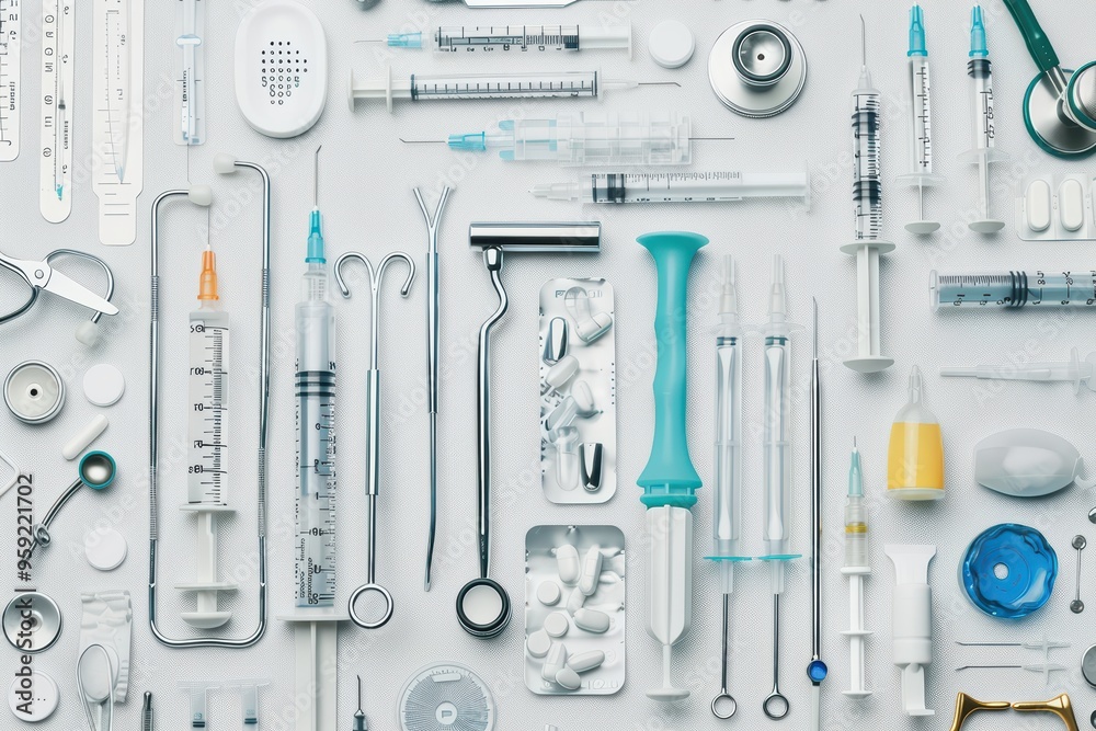A collection of medical tools and supplies arranged neatly on a white background, perfect for healthcare and pharmaceutical themes. A collection of medical tools and supplies arranged neatly on a white background, perfect for healthcare and pharmaceutical themes.