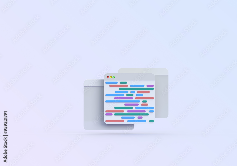Browser page with volumetric text, code. 3D rendering on the topic of code, programming, development, applications, programs. Purple background. Browser page with volumetric text, code. 3D rendering on the topic of code, programming, development, applications, programs. Purple background.