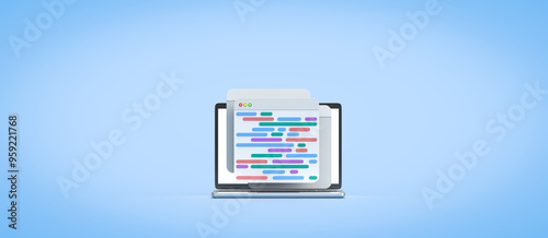 Browser page with volumetric text, code. 3D rendering on the topic of code, programming, development, applications, programs. Blue background. photo