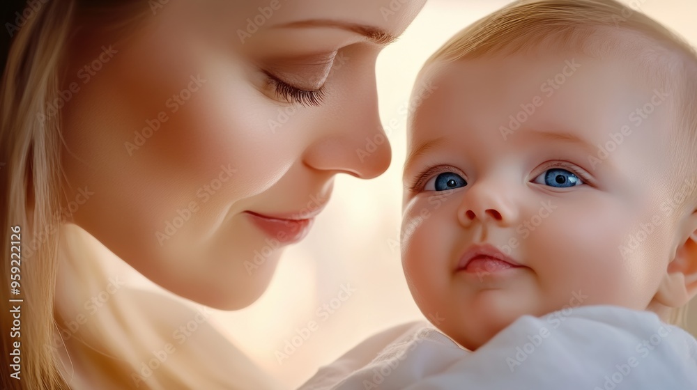 A woman and baby looking at each other with a blue background, AI A woman and baby looking at each other with a blue background, AI