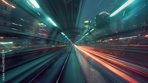 Blurred lights and motion streaks in a tunnel leading to a city skyline.