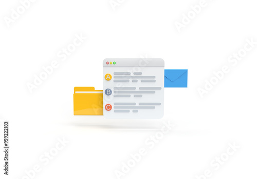 Yellow folder of operating system file explorer, browser page and blue mail icon. 3D rendering on the theme of internet, web, applications, programs, technologies. Transparent background.