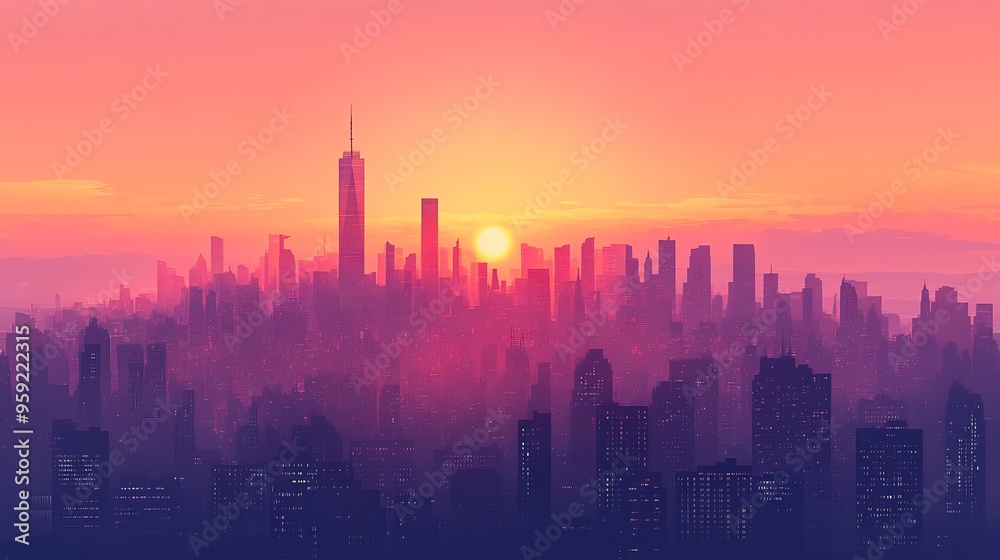 Minimalist vector illustration of city skyline at dawn with silhouettes of skyscrapers and soft morning hues Minimalist vector illustration of city skyline at dawn with silhouettes of skyscrapers and soft morning hues