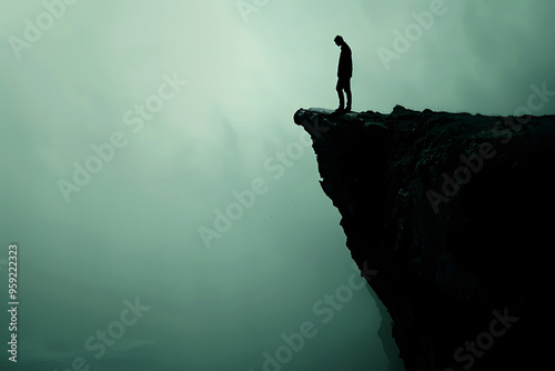 Silhouette of man standing on edge of cliff in misty fog