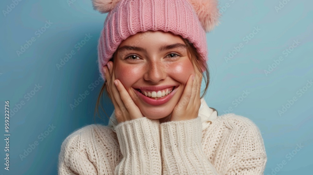 beautiful woman smiling at camera in woolen coat and pink hat on blue background beautiful woman smiling at camera in woolen coat and pink hat on blue background