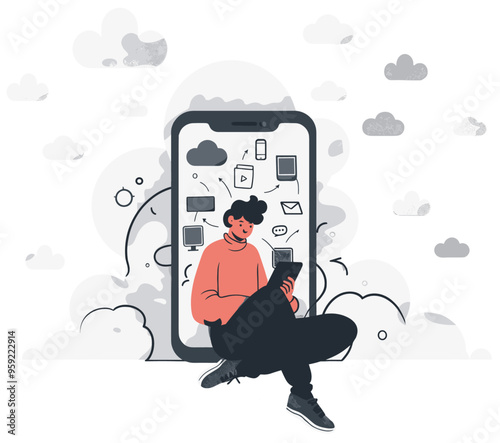 Social media manager using mobile, conceptual illustration design