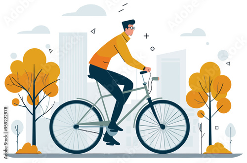 Man riding a bike in the city to reduce carbon footprint. Minimalist flat design illustration