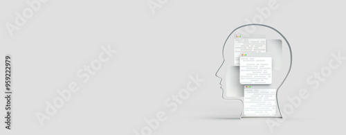 Abstract illustration, 3D figure of a human head, inside a browser page as an idea. 3D rendering on the topic of the Internet, programming, training, web, ml, ai, app. Gray background.