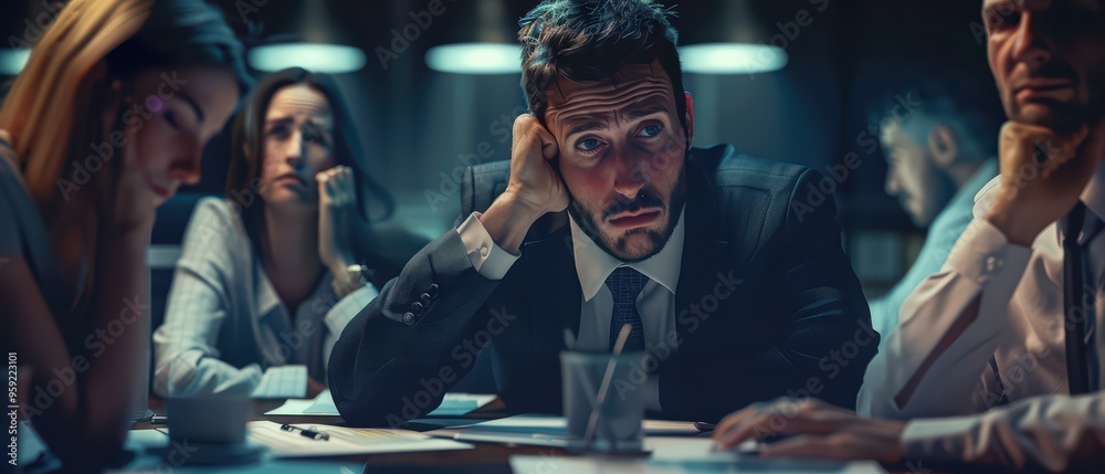 Obraz premium A group of professionals in a tense meeting, showcasing expressions of concern and deep contemplation in a dimly lit environment.