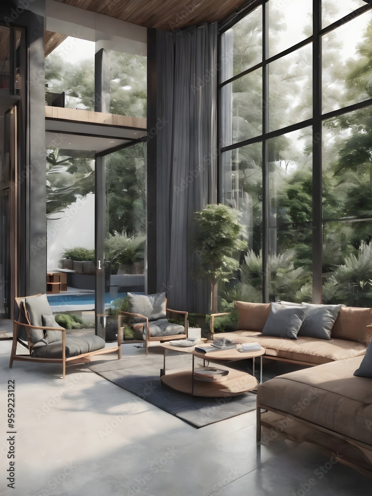 Fototapeta premium modern living room with large windows real estate