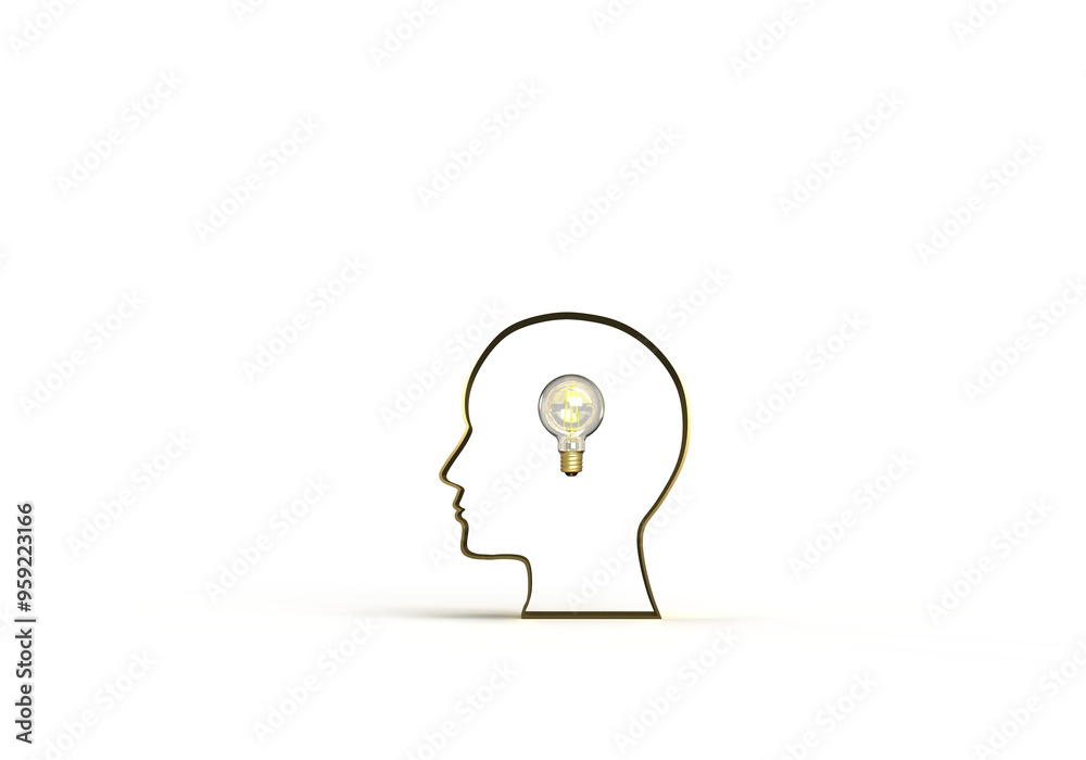Abstract illustration, 3D figure of a human head, glowing incandescent light bulb inside. 3D rendering on the theme of idea, knowledge, thought, thinking, study. Illustration for black background. Abstract illustration, 3D figure of a human head, glowing incandescent light bulb inside. 3D rendering on the theme of idea, knowledge, thought, thinking, study. Illustration for black background.