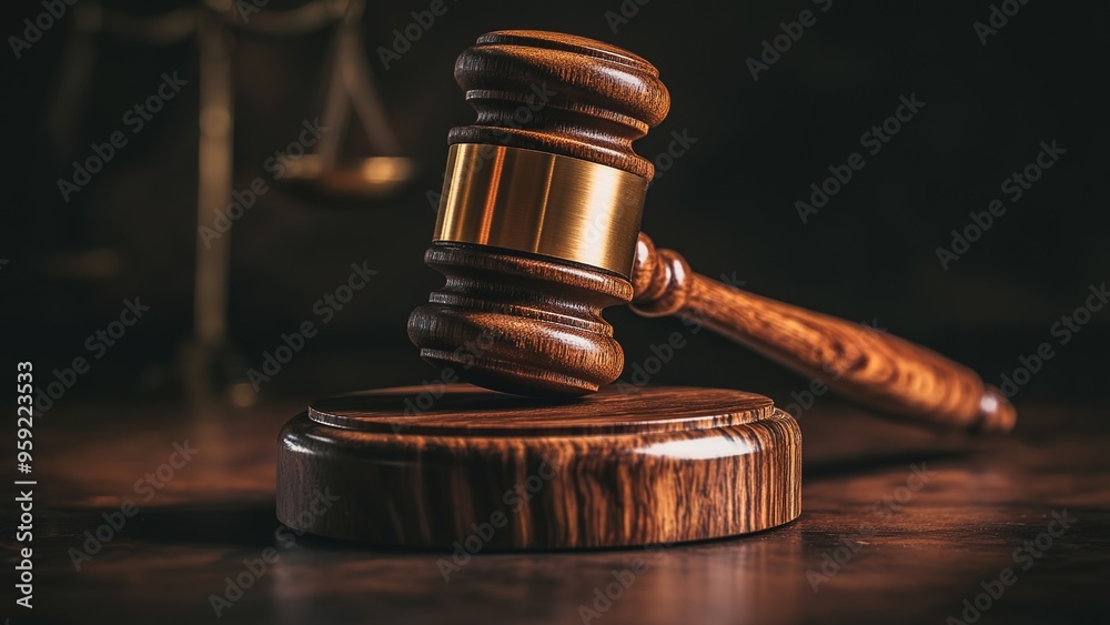 A wooden gavel resting on the table of a courtroom, with a blurred background showing justice scales and a soft, diffused light A wooden gavel resting on the table of a courtroom, with a blurred background showing justice scales and a soft, diffused light