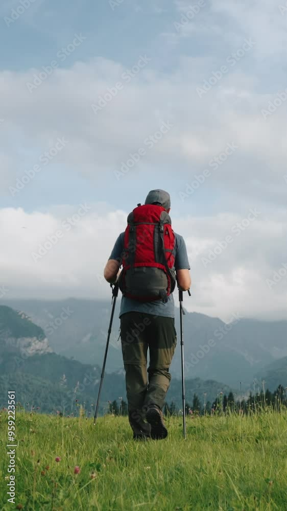 Vertical view following young man walking on green meadow hill overlooking epic mountain peaks and cloudy sky, hiking in mountains, red backpack. Male backpacker travel explorer, sunny summer morning Vertical view following young man walking on green meadow hill overlooking epic mountain peaks and cloudy sky, hiking in mountains, red backpack. Male backpacker travel explorer, sunny summer morning
