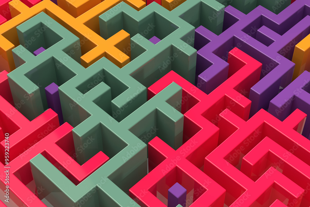 Maze a multicolored of cubes, geometric shapes. 3d rendering on the theme of puzzles, games, maze, technology, computer, 3d, video card. Abstract composition. Close-up illustration. Maze a multicolored of cubes, geometric shapes. 3d rendering on the theme of puzzles, games, maze, technology, computer, 3d, video card. Abstract composition. Close-up illustration.