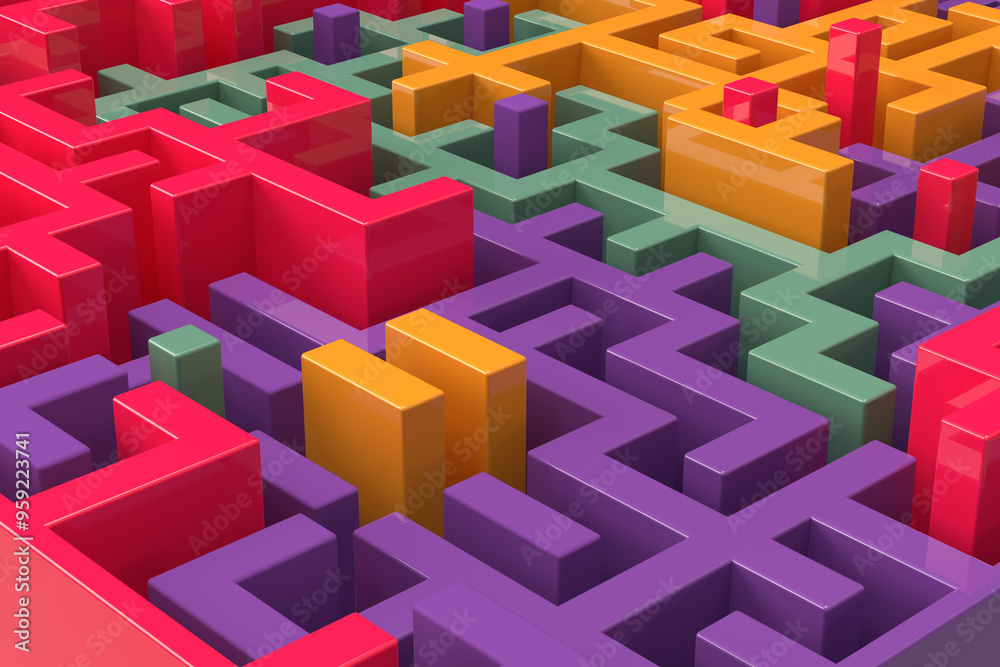 Maze a multicolored of cubes, geometric shapes. 3d rendering on the theme of puzzles, games, maze, technology, computer, 3d, video card. Abstract composition. Close-up illustration. Maze a multicolored of cubes, geometric shapes. 3d rendering on the theme of puzzles, games, maze, technology, computer, 3d, video card. Abstract composition. Close-up illustration.