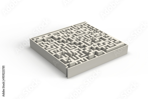 Fototapeta Naklejka Na Ścianę i Meble -  Maze a white of cubes, geometric shapes. 3d rendering on the theme of puzzles, games, maze, technology, computer, lines, business, work. Abstract composition. Transparent background.