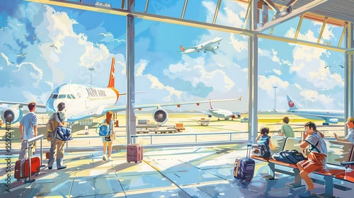 Scene is relaxed and casual, as people are carrying their luggage