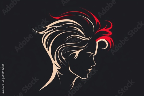 A woman's head with red hair and a red streak on her forehead