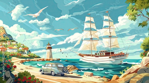 A painting of a large ship sailing in the ocean with a small car on the beach