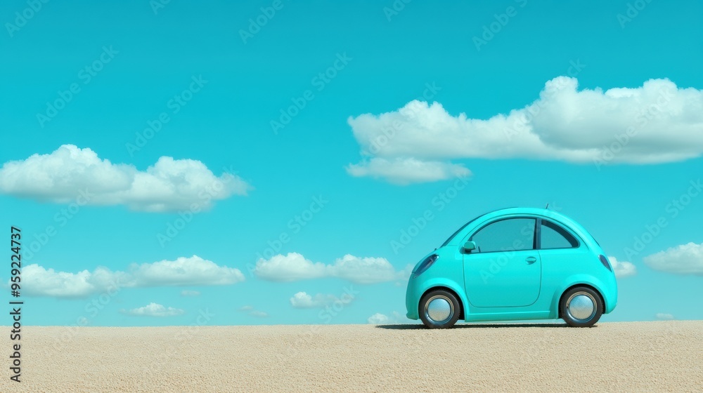 A small car is driving on a sandy road with blue sky, AI A small car is driving on a sandy road with blue sky, AI