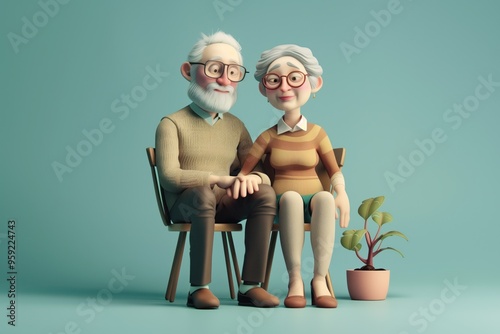 A cartoon couple is sitting on a chair with a potted plant in front of them