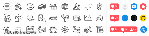 Finance, Difficult stress and Card line icons pack. Social media icons. Low percent, Volunteer, Accounting web icon. Bitcoin mining, Presentation, Money transfer pictogram. Vector