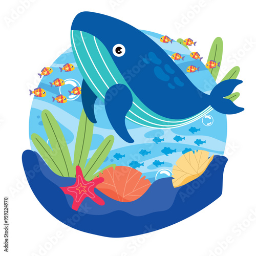 Cute whale with sea creatures in ocean scene Vector