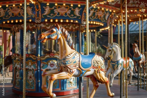 a carousel with horses on a wooden floor whimsical carousel with brightly painted animals photo