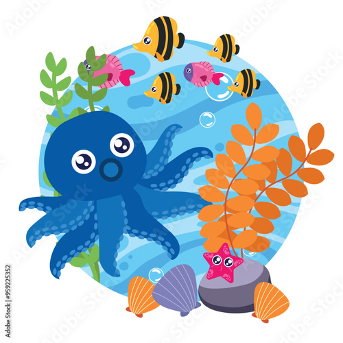 Cute octopus with sea creatures in ocean scene Vector
