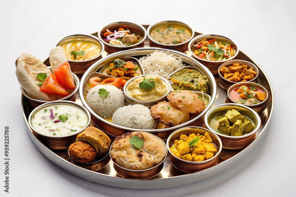 A large plate of Indian food with many different dishes on it A large plate of Indian food with many different dishes on it