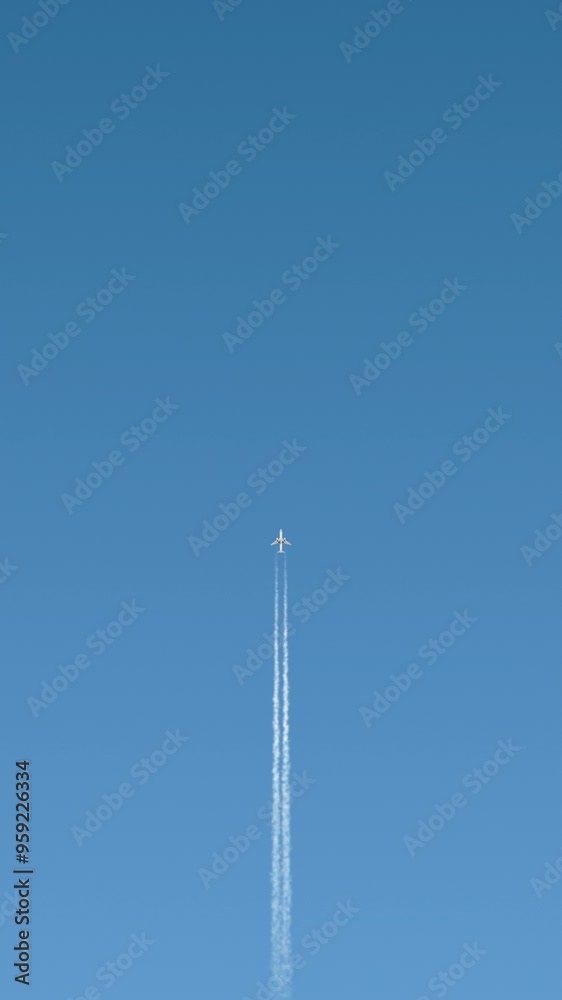 airplane contrail in clear blue sky, 4K CGI vertical animation, animated template for social network