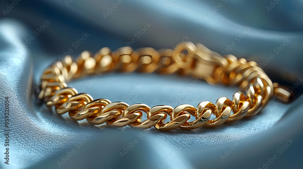 Gold Chain Bracelet on Blue Fabric - Close-up Photo Gold Chain Bracelet on Blue Fabric - Close-up Photo